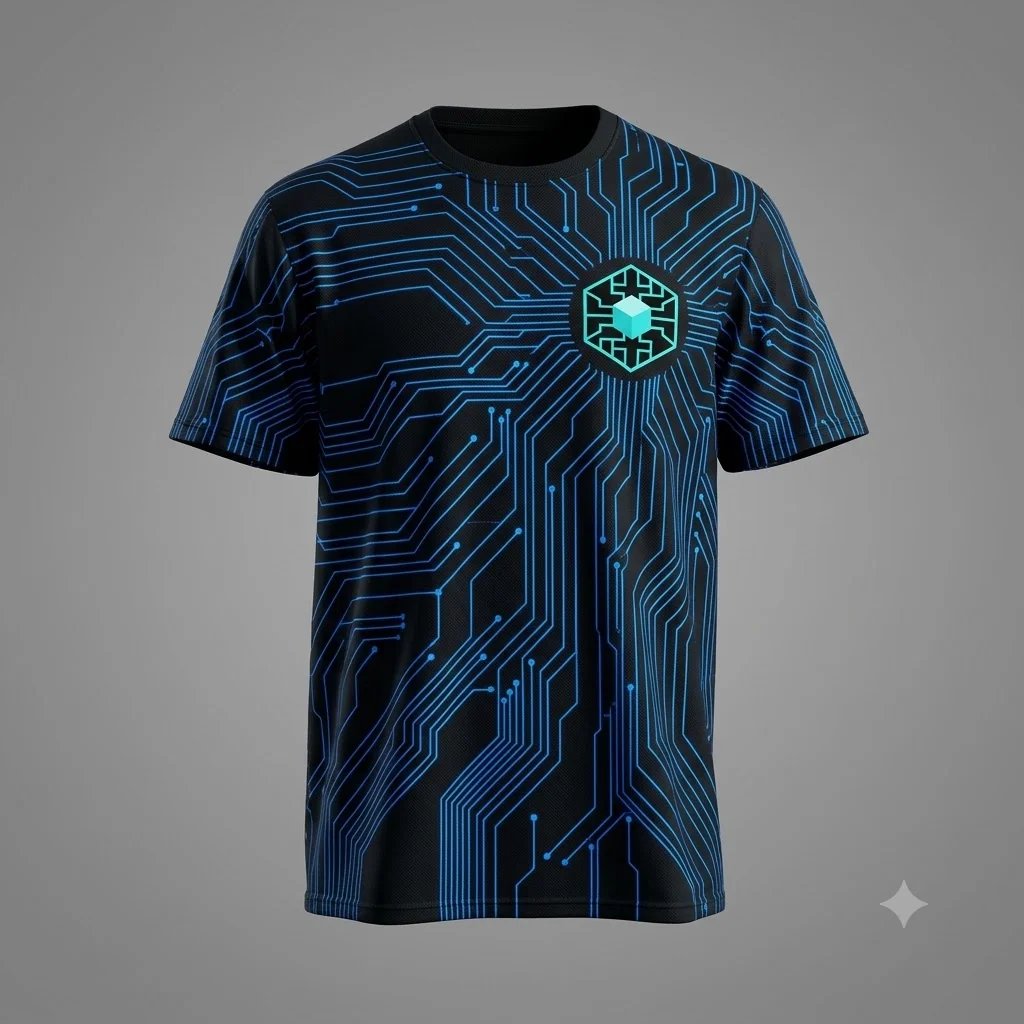 Black performance shirt covered in dense electric-blue circuit traces radiating from the chest emblem.