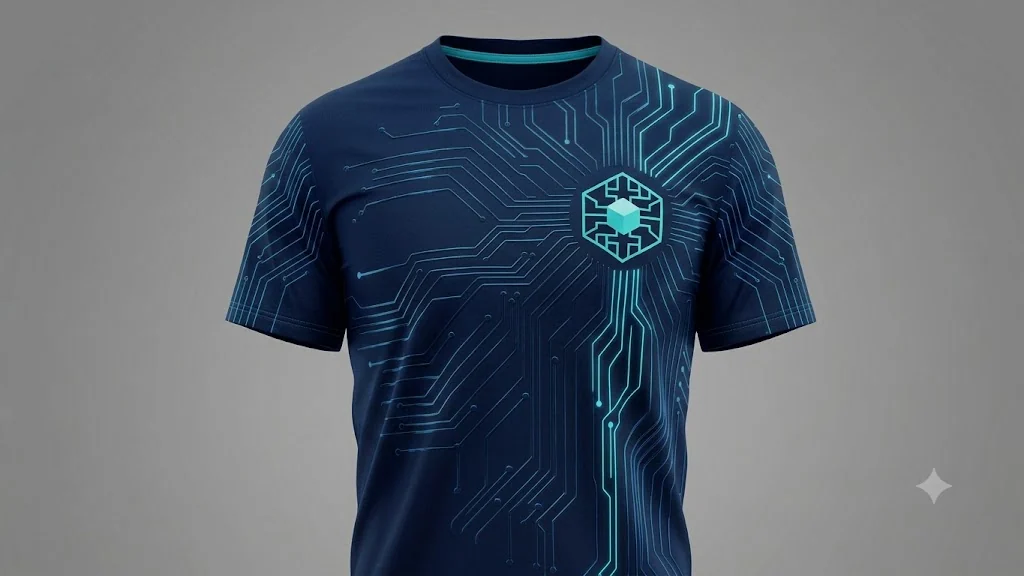 Navy performance shirt with indigo circuit traces running across the chest and down the side seam.