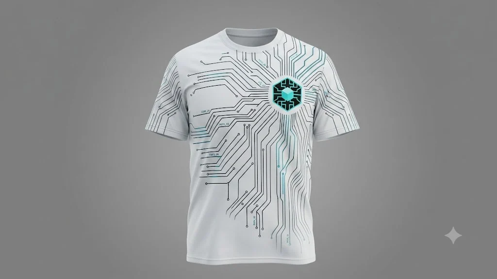 Frost white technical shirt with faint graphite circuit traces falling from the chest emblem.