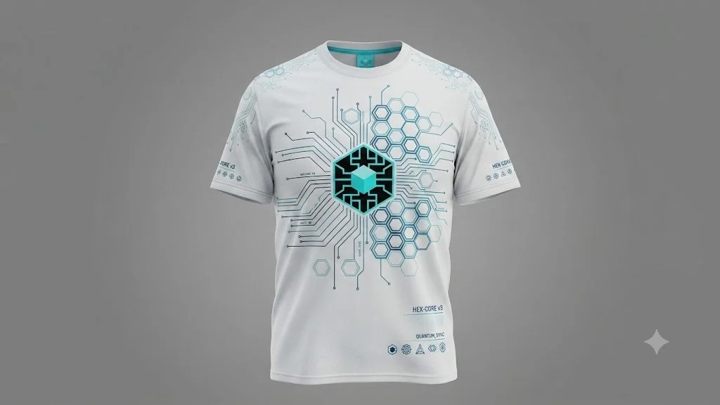 White technical shirt printed with a hexagonal grid pattern and small specification markings.