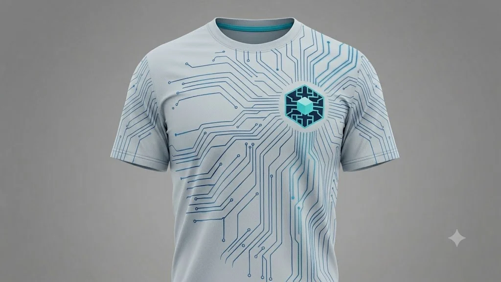 Light ice-grey technical shirt with fine blue circuit traces across the chest and sleeves.