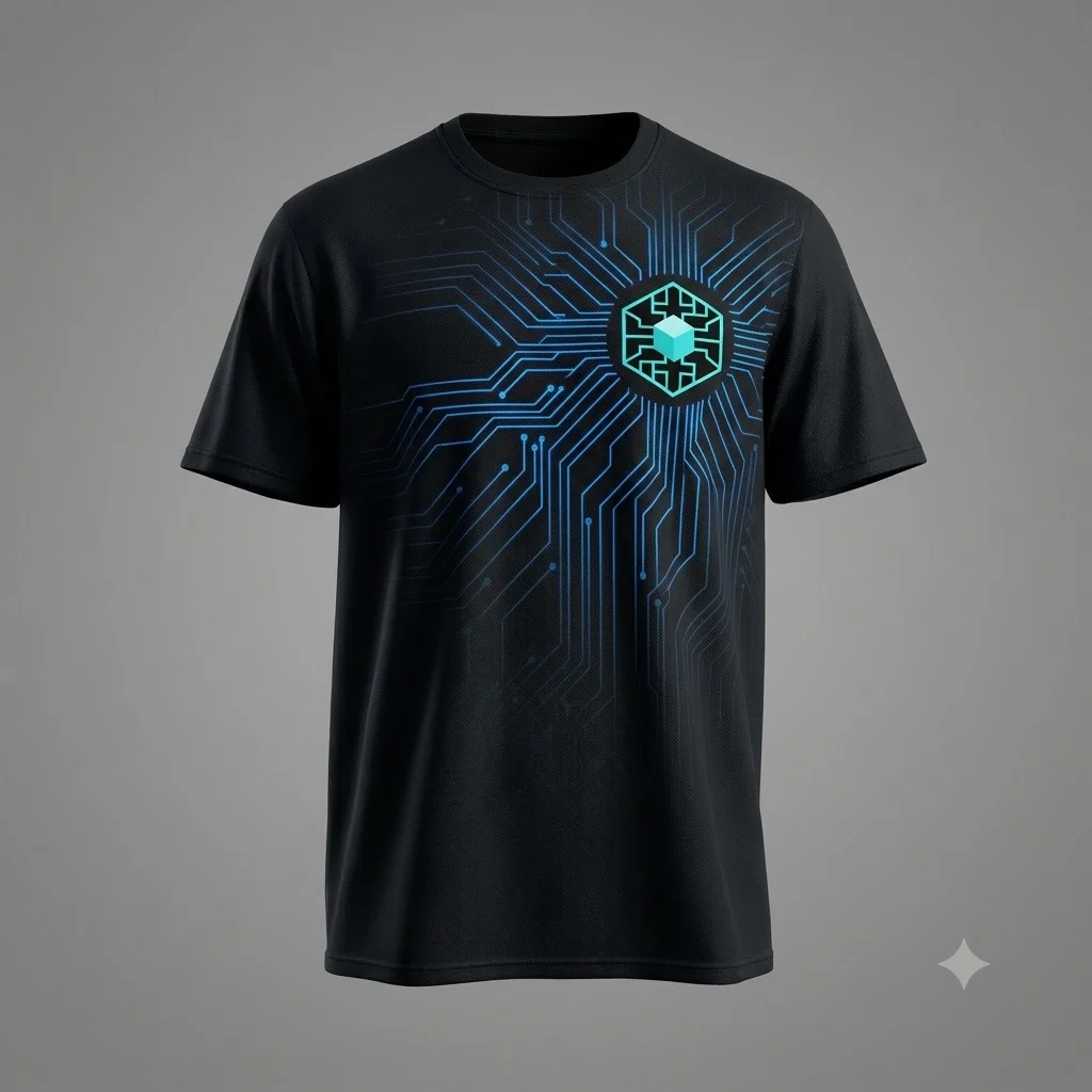 Deep black performance shirt with subtle cyan circuit traces across the shoulders and chest.