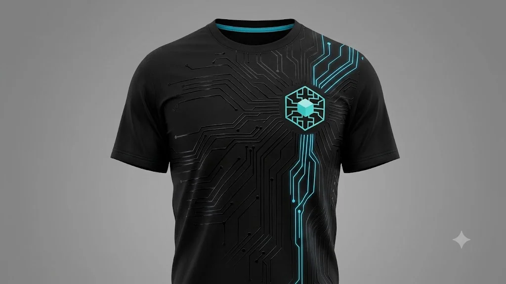 Charcoal performance shirt with one bright teal circuit line running vertically down the centre front.
