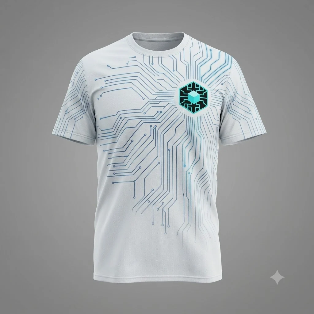 White performance shirt printed with pale steel-blue circuit traces spreading from the chest emblem.
