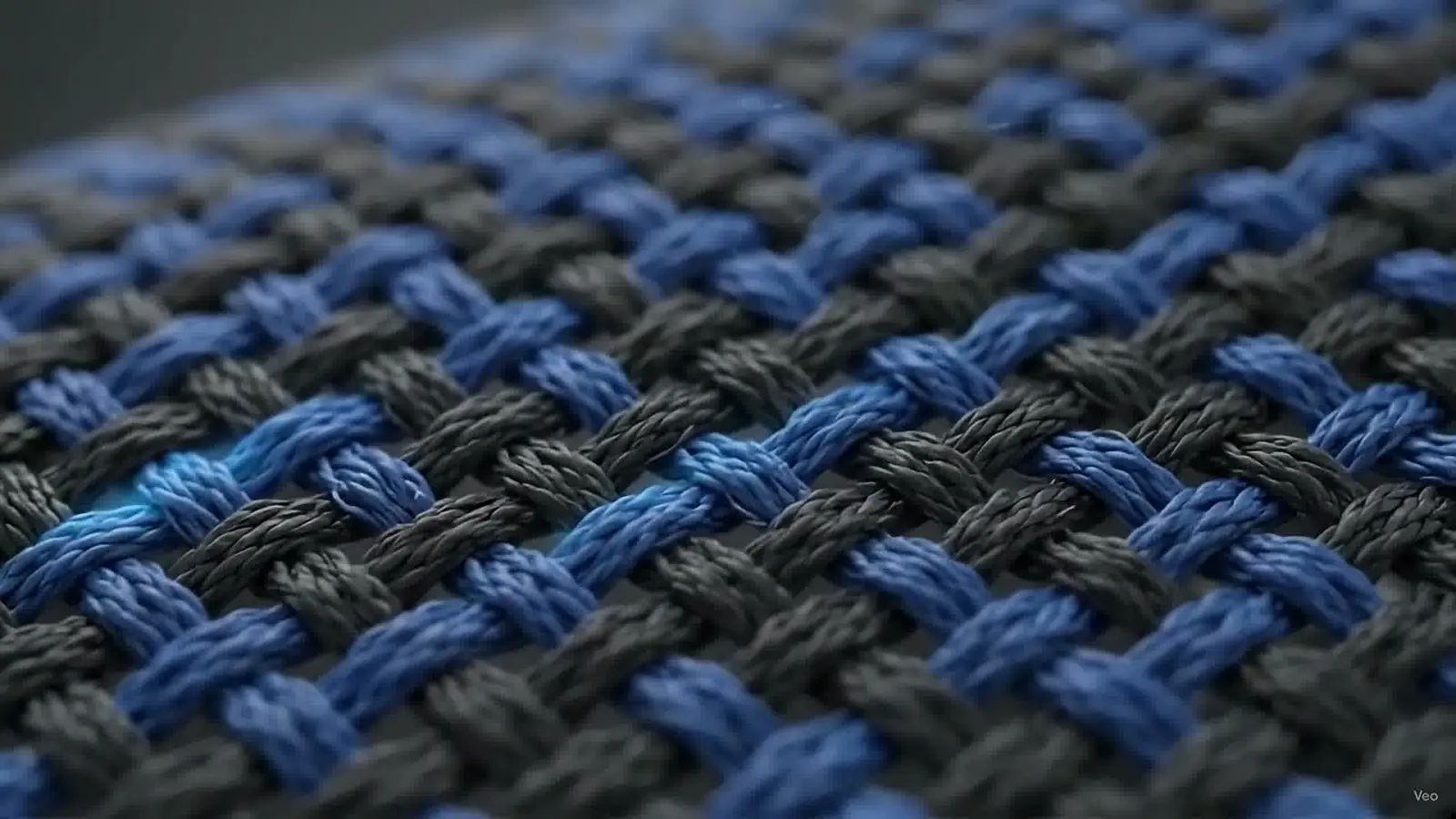Macro photograph of the fabric showing tightly interlaced blue and charcoal yarns.